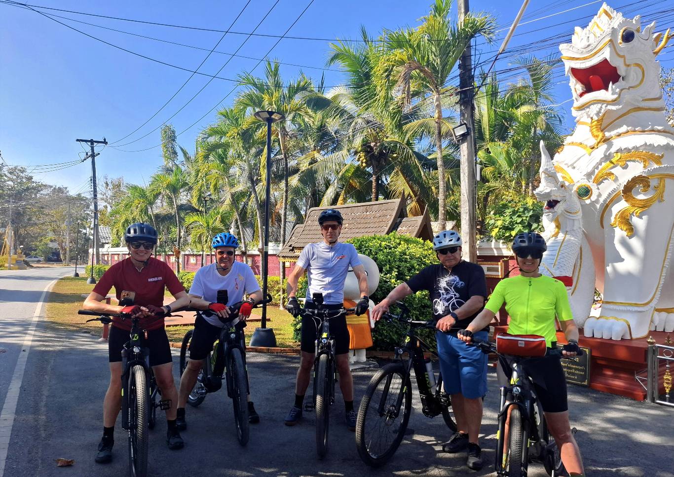 ebike tour group outside Thai temple