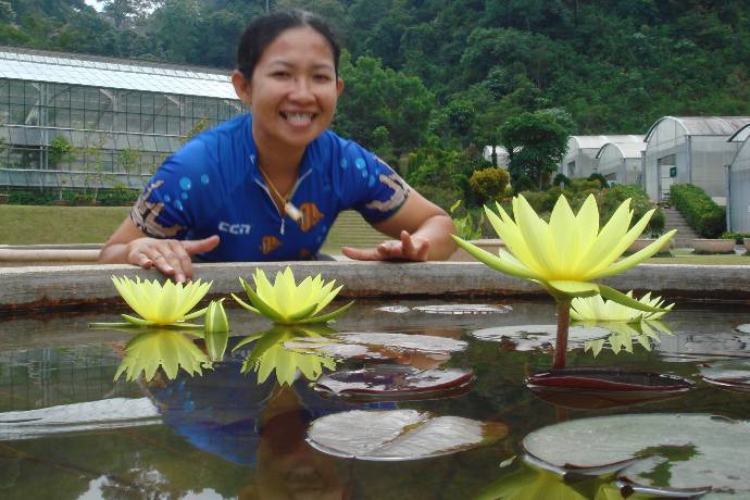 happy cyclist looking at water lily flowers