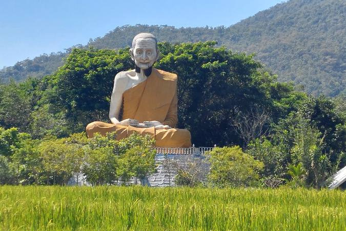 monk's statue in rice field