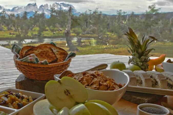 delicious breakfast with mountain backdrop