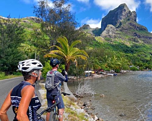 cyclists taking photo break on Bora Bora