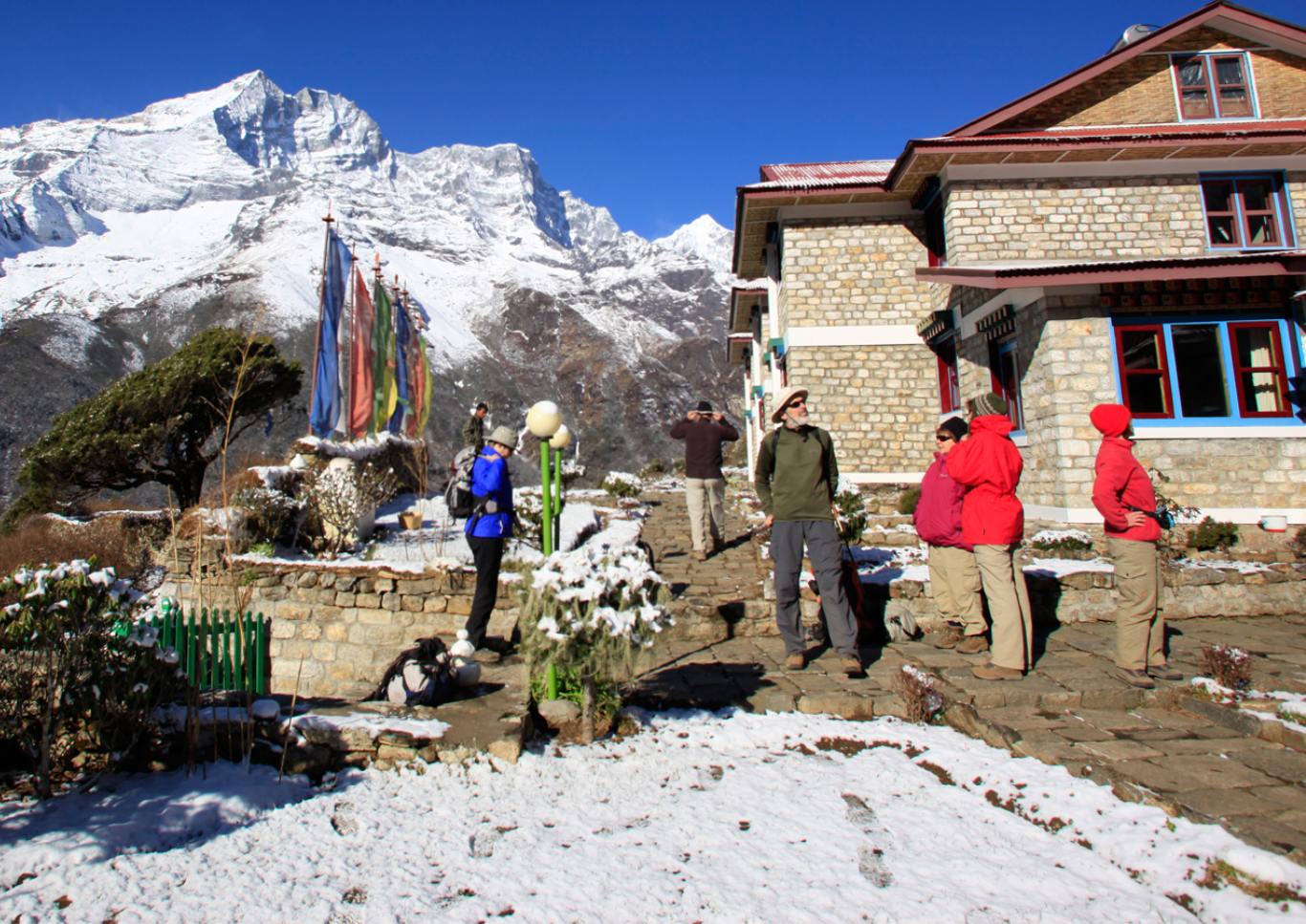 Trekking group at luxury teahouse on trail to Everest
